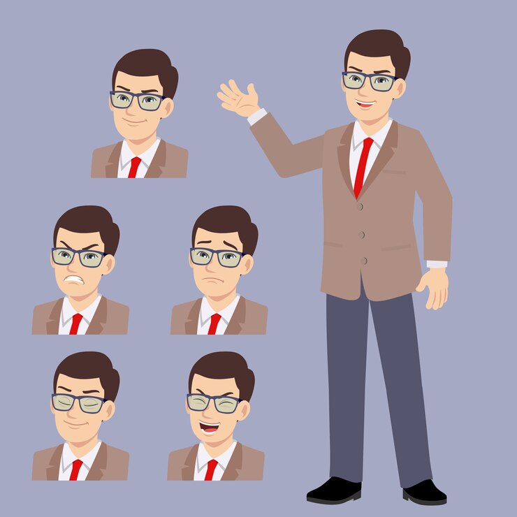 Trajes de hombre de oficina de gafas jóvenes con expresión facial diferente