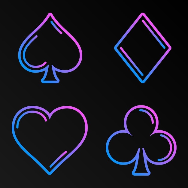 Trajes de tarjeta de degradado rosa y azul para póquer y casino en la ilustración de vector de fondo oscuro