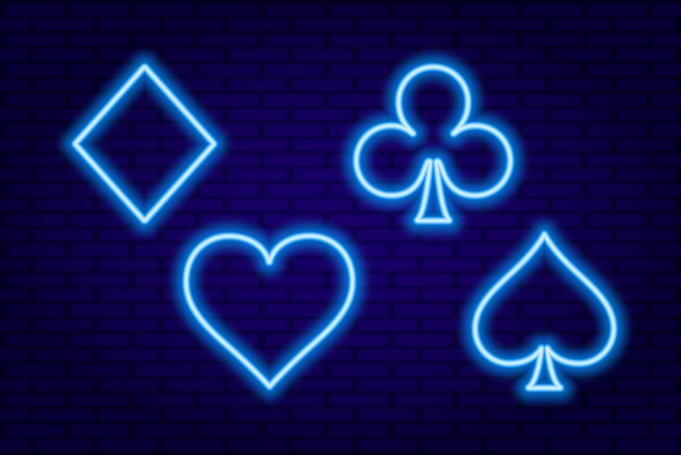 Trajes de tarjeta de línea de neón azul para póquer y casino en la ilustración de vector de fondo de pared azul oscuro