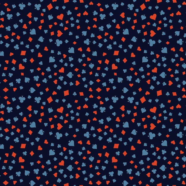 Trajes Tarjeta Signos Patrón sin fisuras Fondo Corazones Diamantes Picas y tréboles Elementos dibujados a mano garabatos diseño para fondos de pantalla envolver estampados textiles fondos Ilustración vectorial