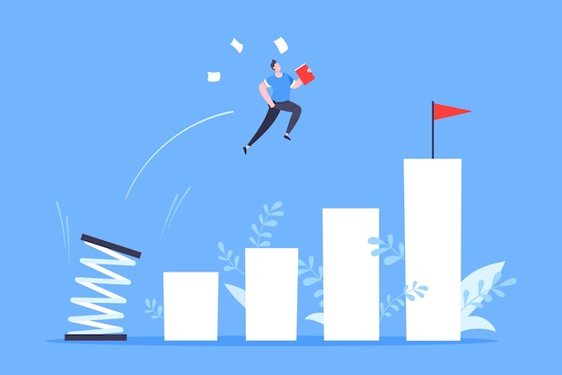 Trampolín hombre de negocios salto alto diseño de estilo plano concepto de ilustración vectorial