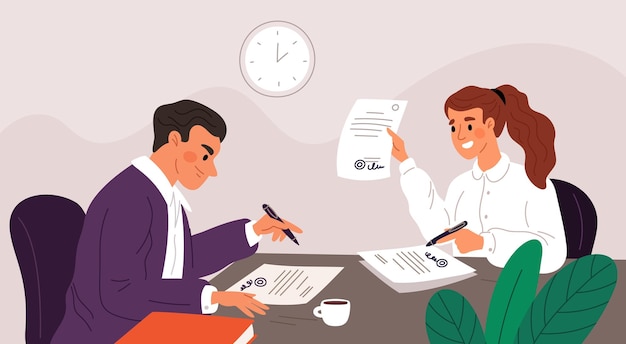 Transacción comercial en la oficina Firma documentos partes acuerdo conclusión del contrato hombre en traje firma papeles personas cooperación acuerdo dibujo animado plano aislado concepto de vector llamativo
