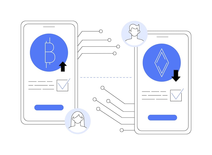 Vector transacción de criptomonedas concepto abstracto ilustración vectorial proceso de transacción de criptomonedas en la pantalla tecnología blockchain inversión de dinero educación financiera metáfora abstracta