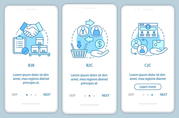 Transacciones comerciales incorporación de plantilla de vector de pantalla de página de aplicación móvil. Pasos del sitio web del tutorial de B2B, B2C, C2C. Tipos de mercado. Modelos de negocio. Concepto de interfaz de teléfono inteligente UX, UI, GUI