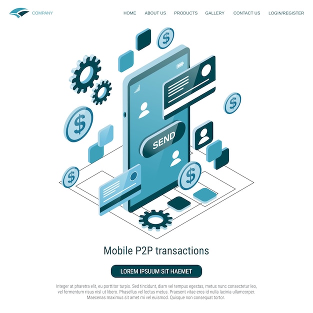 Las transacciones móviles P2P, la transferencia de dinero, el pago en línea, el concepto de vector isométrico 3D plano.