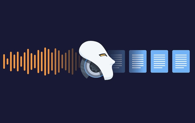Transcripción de reconocimiento de voz de voz a documento de texto Concepto de vector de robot de inteligencia artificial