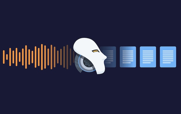 Vector transcripción de reconocimiento de voz de voz a documento de texto concepto de vector de robot de inteligencia artificial