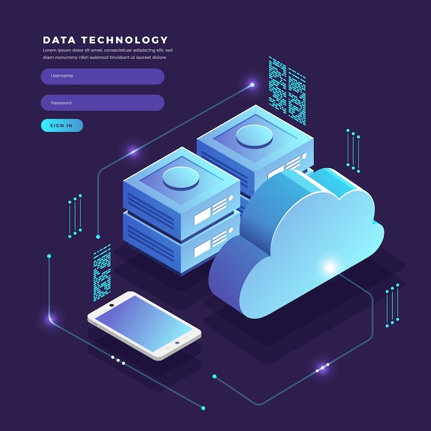 Transferencia y almacenamiento de datos de tecnología de nube de concepto isométrico. conectando información. ilustraciones.