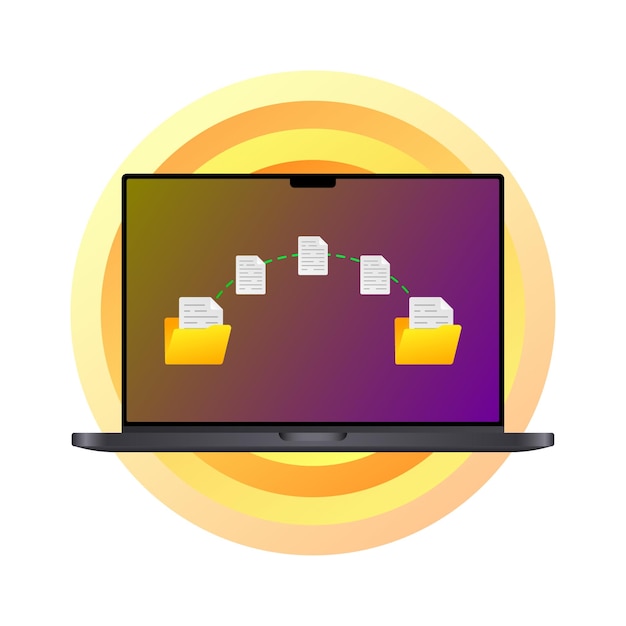 Transferencia de archivos en una computadora portátil Color plano transferencia de archivos en la computadora portable Ilustración vectorial