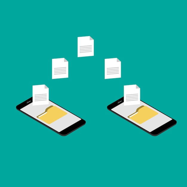 Vector transferencia de archivos de imágenes de datos entre dispositivos, teléfonos inteligentes transferencia de archivos, copia de archivos, hoja de datos