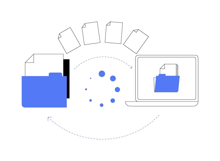 Vector transferencia automatizada de datos concepto abstracto ilustración vectorial grupo de personas se ocupa de software para automatizar procesos de negocio transfiriendo datos de un sistema a otra metáfora abstracta