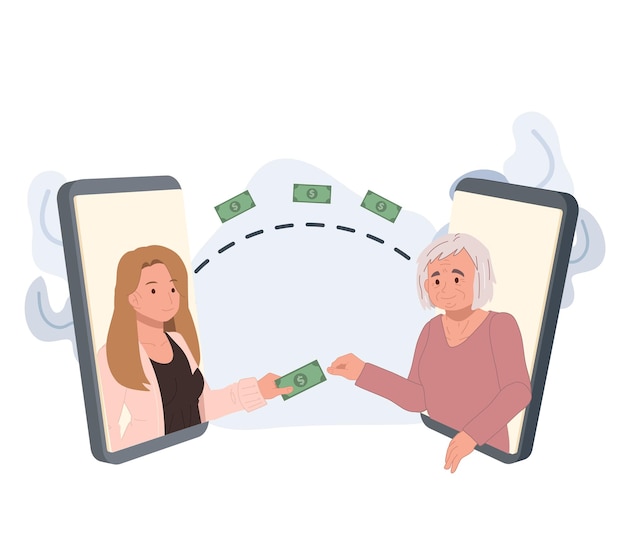 Transferencia bancaria concepto de pago en línea mujer enviando dinero en la pantalla del teléfono a la anciana madre ilustración de personaje de dibujos animados de vector plano