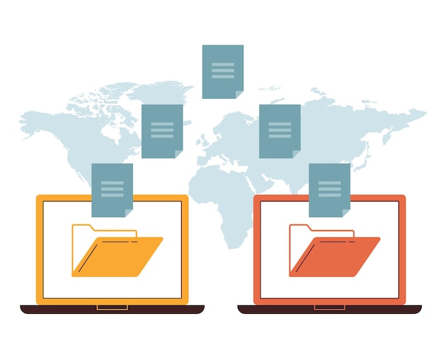 Vector transferencia de carpeta de datos de computadora portátil a computadora portátil elemento de diseño aislado ilustración de concepto plano