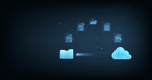 Transferencia de datos a través de tecnología en la nube Gestión de documentos e intercambio de datos con tecnología moderna de Internet sobre fondo azul oscuro Concepto de reubicación del sistema de datos de archivos