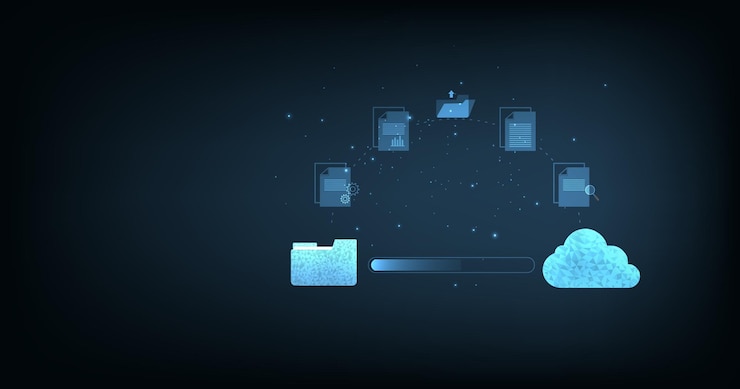 Vector transferencia de datos a través de tecnología en la nube gestión de documentos e intercambio de datos con tecnología moderna de internet sobre fondo azul oscuro concepto de reubicación del sistema de datos de archivos