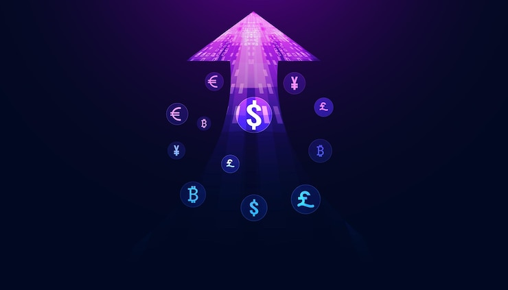 Vector transferencia de dinero abstracta moneda en línea sobre fondo flecha azul moderna movimiento de dinero global