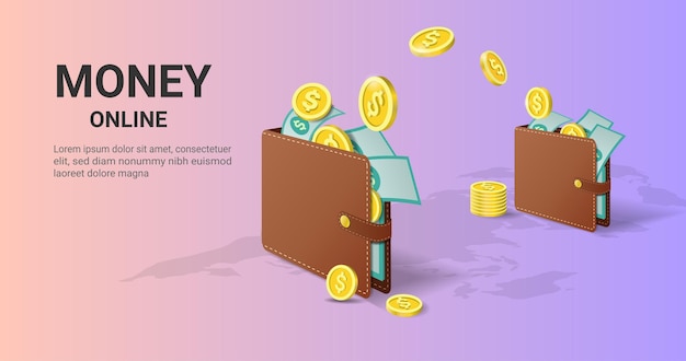 Transferencia de dinero de billetera a billetera Ahorros financieros Pago de reembolso Flujo de capital Billetera digital Concepto de dinero en línea Banner diseño de página de destino Ilustración vectorial