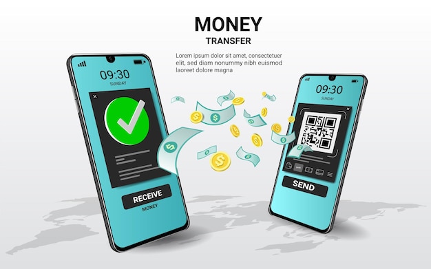 Transferencia de dinero en línea en la aplicación de teléfono móvil con para transacciones financieras dinero en línea pago en línea finanzas comerciales banca móvil sitio web banner 3D Vector ilustración