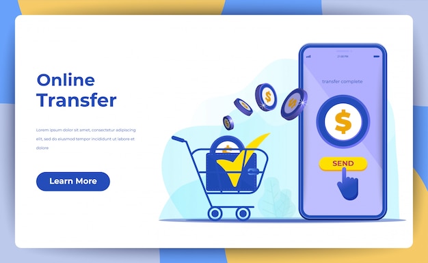 Transferencia de dinero en línea con el concepto de teléfono móvil. para la página de destino web