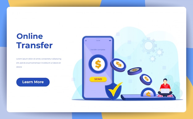 Transferencia de dinero en línea con el concepto de teléfono móvil. para la página de destino web