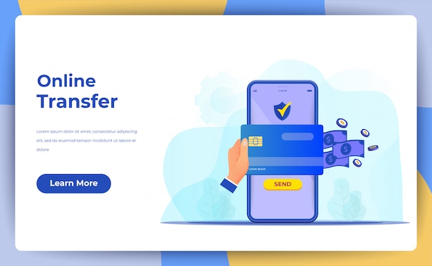 Transferencia de dinero en línea con el concepto de teléfono móvil. para la página de destino web