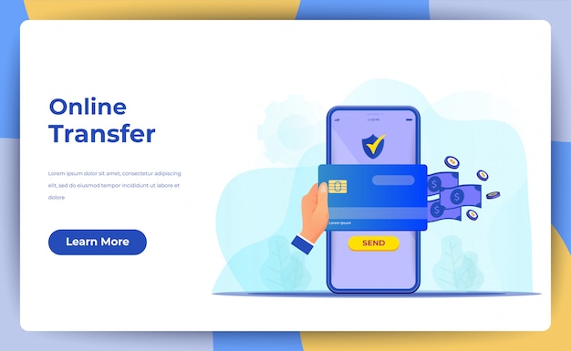 Vector transferencia de dinero en línea con el concepto de teléfono móvil. para la página de destino web