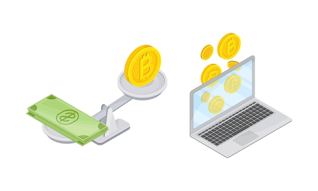 Transferencia de dinero en línea intercambio de divisas criptográficas ilustración vectorial de dibujos animados