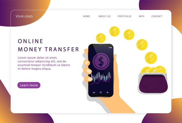 Transferencia de dinero en línea. servicio móvil. página de destino. páginas web modernas para sitios web.