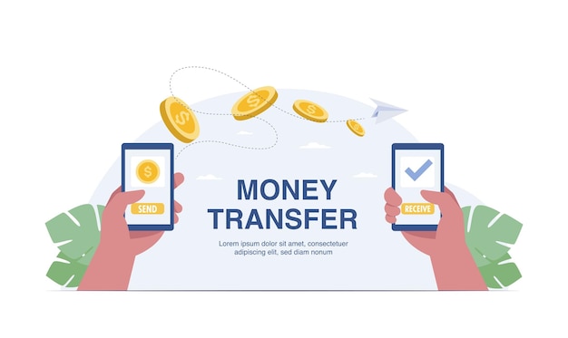 Transferencia de dinero móvil con la mano que sostiene la ilustración de vector de teléfono móvil