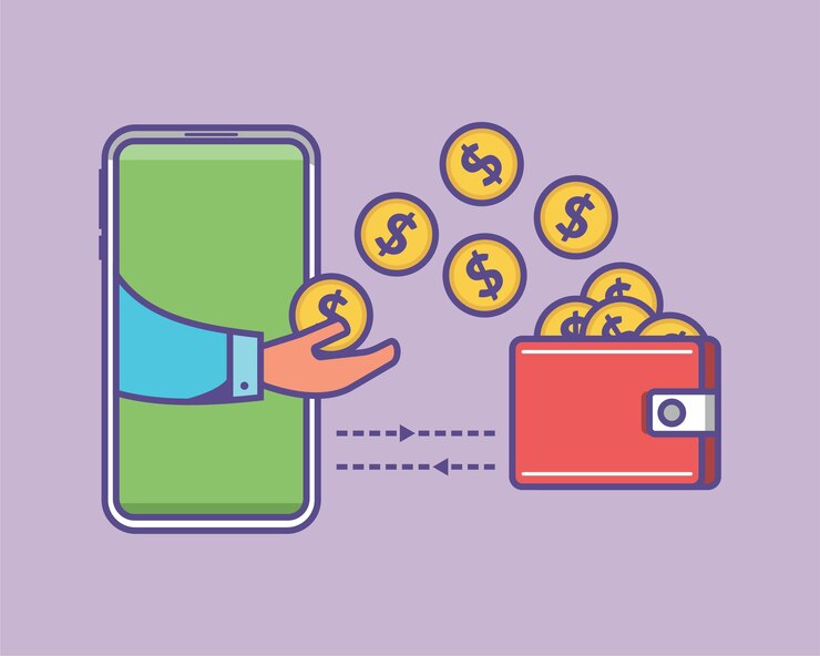 Vector transferencia de dinero desde el teléfono inteligente a la billetera en la ilustración vectorial pago digital