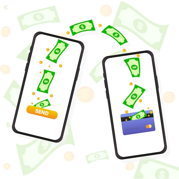 Transferencia de dinero por teléfono móvil Transferción de dinero en línea Pago de dinero Envío Ilustración vectorial