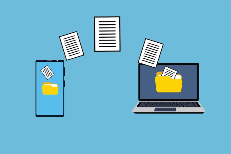 Vector transferencia de documentos de un móvil a un vector de computadora portátil método de transformación de datos con diferentes dispositivos transferencia inalámbrica de datos a través de internet computadora portátil y móvil sobre un fondo azul