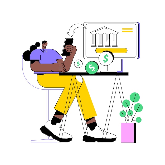 Transferencia en línea ilustraciones de vectores de dibujos animados aislados Mujer controla la transferencia de dinero en línea usando la aplicación de computadora y teléfono inteligente trabajo remoto autónomos nómina digital nómada vector dibujos animados