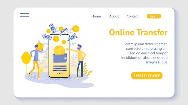 Transferencia en línea con la mano que sostiene el teléfono inteligente y presione el botón Enviar, plantilla, web, póster, pancarta, aplicación móvil, interfaz de usuario.