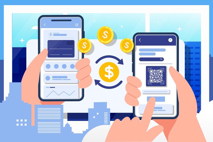 Vector transferencia móvil con teléfono móvil en la mano transferir dinero mediante banca por internet en línea