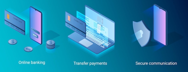 Transferencia de pagos bancarios en línea Comunicaciones seguras Un conjunto de ilustraciones vectoriales