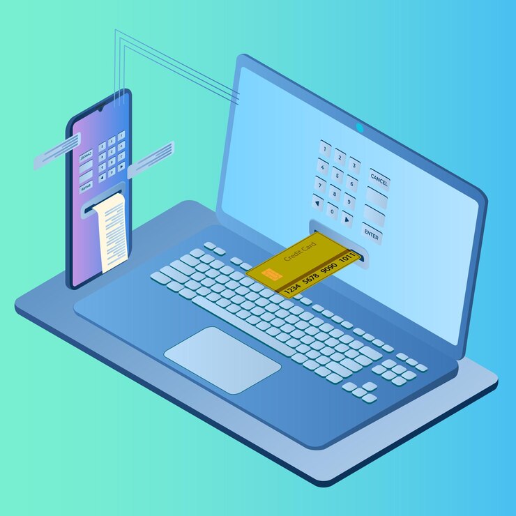 Vector transferencias en líneaimagen isométrica de un teléfono inteligente y una computadora portátil que transfieren dinero con una tarjeta de crédito