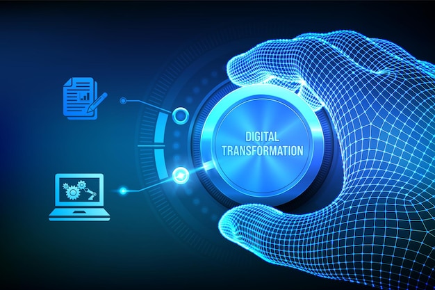 Transformación digital Digitalización de procesos comerciales y tecnología moderna Wireframe mano girando una perilla y seleccionando el modo digital Digitalización del concepto de datos analógicos Ilustración vectorial