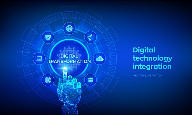 Transformación digital digitalización de procesos de negocio concepto de tecnología moderna en pantalla virtual soluciones de innovación disruptiva mano robótica tocando interfaz digital ilustración vectorial