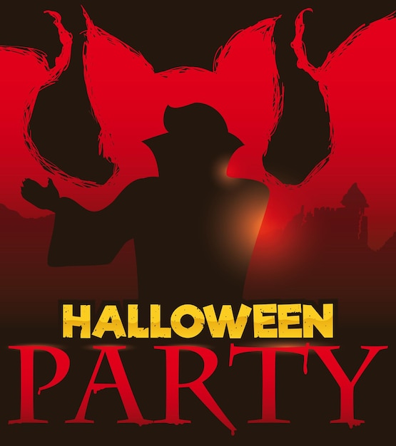Transformación vampírica en carácter humano con diseño rojo y texto sangriento para promover una fiesta de Halloween