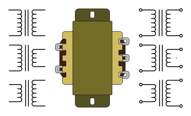 Transformador y símbolo. Componente electrónico. Ciencias de la educación física.