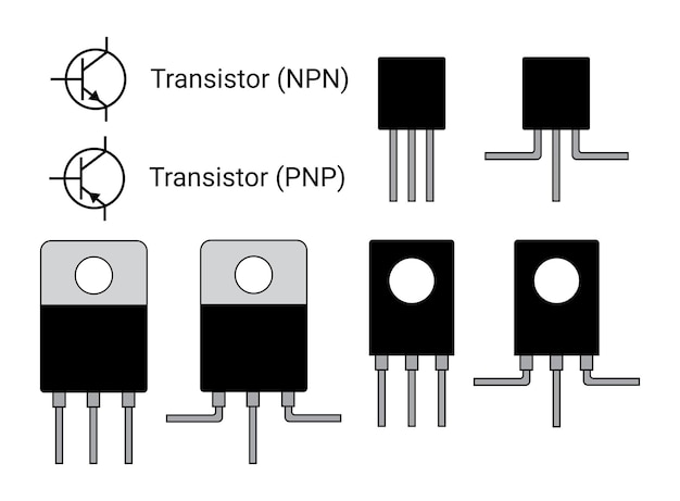 Transistor y símbolo. componente electrónico. ciencias de la educación física. estilo plano.