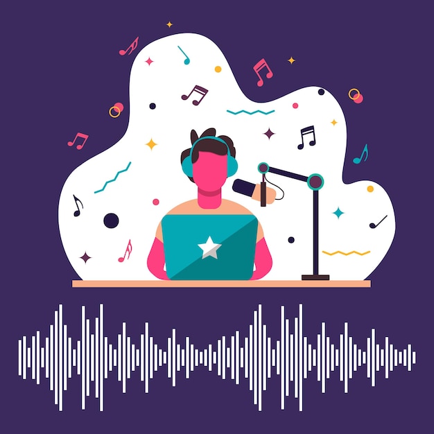 Vector la transmisión de podcasts es una nueva forma de comunicación escuchando la aplicación de audio en smart