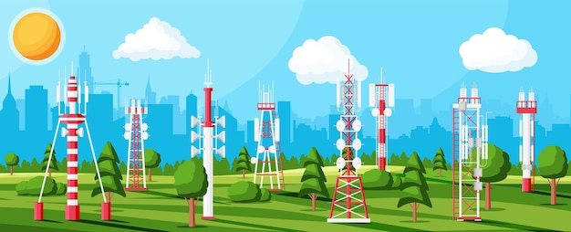Transmisión Torre celular Antena de red de paisaje Equipo de radiodifusión Isolada Radiodifusión Televisión por Internet Estación celular 4G 5G Comunicación por satélite Antena de vector plano Ilustración