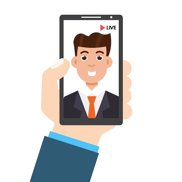 Transmisión de video en vivo. Smartphone en mano. Concepto de redes sociales. Ilustración en un estilo plano.