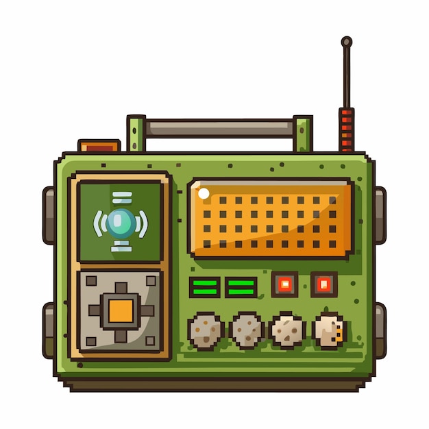 Transmisor de radio Retro Pixel Art con antena y panel de control