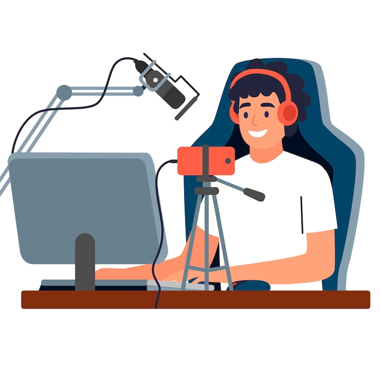 Vector el transmisor de videojuegos juega videojuegos en línea en una computadora personal usando una cámara y un micrófono
