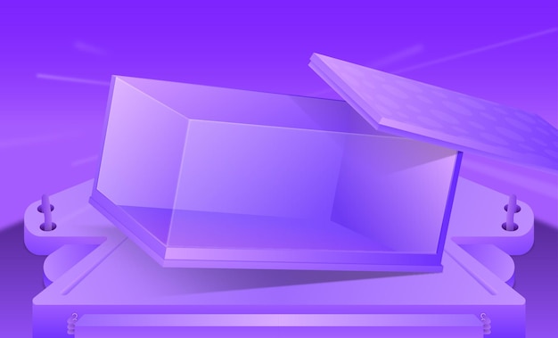 Transparencia abrió caja de regalo sobre tema futurista de fondo púrpura