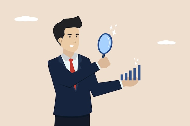 Transparencia de la empresa empresario mirando a través de la lupa gráfico de análisis