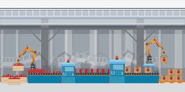 Vector transportador de embalaje de fábrica jugo de manzana de una caja.